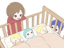  2boys 3girls aged_down baby blanket blonde_hair blue_eyes blue_hair brown_eyes brown_hair child closed_eyes crib crossed_arms hariikei hatsune_miku kagamine_len kagamine_rin kaito_(vocaloid) long_sleeves meiko_(vocaloid) multiple_boys multiple_girls open_mouth pacifier pillow short_hair smile vocaloid 