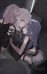  1boy 1girl 2mai84 alternate_costume blue_eyes blue_hair boots brown_eyes chain collarbone cross cross_necklace crossdressing crossdressing_(mtf) grey_hair hair_bobbles hair_ornament hairband hetero highres jewelry knee_boots long_hair looking_at_viewer mirror necklace one_side_up onii-chan_wa_oshimai! public_restroom reflection senkawa_minato shiori_(onimai) thigh_strap tile_wall tiles tongue tongue_out trap white_hairband 