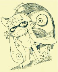  1girl ^^^ arm_support bent_over bestiality bike_shorts blush copyright_name doggystyle drooling flat_chest inkling inkling_girl inkling_player_character interspecies loli masha monochrome monster_boy monster_girl nintendo nipples octarian octarian_(enemy) octotrooper open_mouth pointy_ears saliva sex sex_from_behind shorts splatoon_(series) splatoon_1 tentacle_hair tentacle_sex tentacles topless_female twitter_username wavy_mouth 