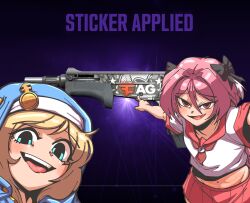  2boys astolfo_(fate) astolfo_(sailor_paladin)_(fate) black_bow blonde_hair blue_coif blue_eyes bow bridget_(guilty_gear) counter-strike_(series) counter-strike_2 crossdressing fang fate/grand_order fate_(series) faze_clan guilty_gear guilty_gear_strive gun hair_bow hair_intakes highres hugo_(rushbordie) looking_at_viewer mag-7 male_focus meme midriff multiple_boys open_mouth pink_hair pink_skirt pointing profanity red_eyes shirt short_hair shotgun skin_fang skirt smile smug trap two_soyjaks_pointing_(meme) upper_body weapon white_shirt 