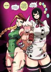  1boy 2girls absurdres angry annoyed asymmetrical_legwear black_eyes black_hair blonde_hair blue_eyes blush cammy_white clothed_female_nude_male clothed_sex comic double_thigh_sex english_text erection faceless faceless_male femdom hat highres mosbles multiple_girls nude orgasm_counter precum setena_(sumata_cafe) sex sound_effects speech_bubble street_fighter sweat tall_female_short_male taller_female thick_thighs thigh_sex thighs white_hair 