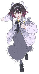  1girl anime_coloring ankle_boots asymmetrical_bow asymmetrical_collar asymmetrical_hairband black_boots black_hair black_neckerchief black_ribbon blush bob_cut boots bow brooch button-down_collar checkered_bow checkered_clothes checkered_collar checkered_print chinese_commentary clenched_hands coat collar colored_tips commentary_request double-parted_bangs dress flower_brooch frilled_collar frills full_body gold_buttons gradient_hair grey_bow grey_coat grey_dress grey_hairband grey_sleeve_cuffs grey_sleeves grey_socks hair_bow hair_ornament hairband hairclip high_collar huise_guozi jewelry lace lace-trimmed_dress lace_trim large_bow long_sleeves medium_hair mismatched_bow mismatched_collar mismatched_hairband multicolored_hair neck_ribbon neckerchief original pleated_collar pocket print_neckerchief puritan_collar purple_hair ribbon running running_towards_viewer sailor_collar simple_background sketch socks solo star_(symbol) sweater_coat two-tone_hair unfinished unworn_hair_ornament unworn_hairclip white_background white_bow white_hairband white_sailor_collar wide_sleeves yellow_eyes 
