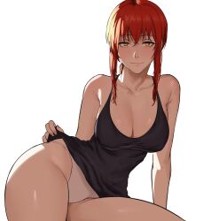  1girl absurdres arm_support armpit_crease black_dress breasts chainsaw_man cleavage closed_mouth clothes_lift collarbone dress dress_lift highres large_breasts leaning_to_the_side lifting_own_clothes light_smile makima_(chainsaw_man) panties ponytail pplord red_hair ringed_eyes sidelocks simple_background sitting solo thighs underwear white_background white_panties yellow_eyes 