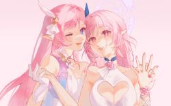  2girls bare_shoulders breasts cleavage_cutout clothing_cutout color_connection commentary company_connection corset cyrene_(honkai:_star_rail) dress elf elysia_(herrscher_of_human:_ego)_(honkai_impact) elysia_(honkai_impact) english_commentary gradient_background hair_color_connection hair_ornament halo heart_cutout highres honkai:_star_rail honkai_(series) honkai_impact_3rd htt_(user_phhn3327) inoue_marina interlocked_fingers large_breasts multiple_girls pink_hair pink_nails pointy_ears purple_eyes tongue tongue_out triquetra voice_actor_connection white_corset white_dress yanning 