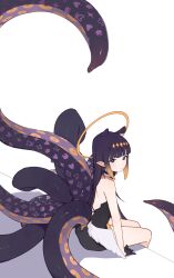  1girl :o absurdres backless_dress backless_outfit black_dress black_gloves blue_eyes blunt_bangs detached_collar dress feathered_wings from_behind fur-trimmed_collar fur_trim gloves halo highres hololive hololive_english long_hair looking_at_viewer low_wings ninomae_ina&#039;nis ninomae_ina&#039;nis_(1st_costume) pointy_ears purple_hair seuhu simple_background sitting sleeveless sleeveless_dress solo strapless strapless_dress tentacle_hair tentacles traditional_halo virtual_youtuber white_background white_wings wings 