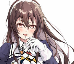  1girl ascot ashigara_(kancolle) ashigara_kai_ni_(kancolle) blush breasts brown_eyes brown_hair dairyo3 fake_horns gloves hair_between_eyes hairband highres horned_headwear horns jacket kantai_collection long_hair long_sleeves looking_at_viewer military_uniform multicolored_ascot multicolored_neckerchief neckerchief open_mouth print_neckerchief shirt smile solo upper_body wavy_hair white_background white_gloves white_hairband 