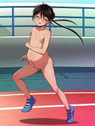  12cut 1girl black_hair blush breasts censored closed_eyes female_focus glasses highres huge_belly indoors loli long_hair low_twintails mosaic_censoring naked_footwear navel nipples nude open_mouth original pregnant pregnant_loli pussy running running_track shoes small_breasts sneakers solo twintails 