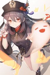 11marin 1girl ? absurdres bead_bracelet beads black_nails bracelet brown_hair bug butterfly claw_pose closed_eyes fang genshin_impact half-closed_eyes hat highres hu_tao_(genshin_impact) bug jewelry leg_up long_hair long_sleeves looking_at_viewer nail_polish open_mouth red_eyes ring short_shorts shorts smile solo symbol-shaped_pupils teeth top_hat twintails very_long_hair wide_sleeves rating:Sensitive score:7 user:danbooru
