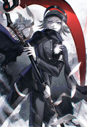  1boy aotsuki_eito armband black_pants cape cowboy gakuran glasses gloves grey_hair headgear highres holding holding_scythe hole_in_chest hole_on_body last_defense_academy_school_uniform looking_at_viewer male_focus marchsan pants purple_eyes ruins school_uniform scythe short_hair smile solo the_hundred_line_-last_defense_academy- western white_armband white_gloves 