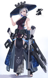  1girl absurdres adjusting_clothes adjusting_headwear bare_shoulders belt belt_pouch black_gloves black_leotard breasts closed_mouth colored_inner_hair covered_navel earpiece full_body gloves grey_hair gun hand_on_headwear hat headset high_heels highres holding holding_gun holding_weapon impossible_clothes jingasa large_breasts large_hat leotard looking_at_viewer multicolored_hair nail_polish original pelvic_curtain pigu_56100 pouch purple_eyes rice_hat rifle sandals see-through_clothes short_hair sideboob simple_background solo standing toenail_polish toenails toes weapon white_background white_hair 