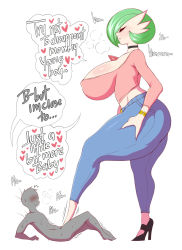 1boy 1girl ass blue_eyes breasts choker curvy denim english_text femdom gardevoir gen_3_pokemon giant giantess hetero high_heels interspecies jeans large_breasts mature_female nintendo pants pokemon pokemon_(creature) pokephilia saltyxodium size_difference speech_bubble tall_female thick_thighs thighs rating:Questionable score:290 user:xtasy