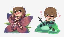  bound bound_arms bound_legs bound_wrists brown_eyes brown_hair chibi defeat dissolving_clothes flower heart highres kuruna_(hepari) porforever princess_blitz rafflesia_(flower) restrained slime_(creature) slime_sex source_request sword tentacle_sex tentacles weapon  rating:Explicit score:21 user:floretto00
