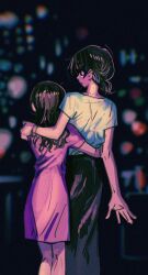  2girls ahoge asakura_toru black_hair blurry blurry_background commentary_request dress from_behind fukumaru_koito hair_down highres hug idolmaster idolmaster_shiny_colors kani_(kaniya) long_hair long_skirt low_ponytail multiple_girls night ponytail short_dress short_ponytail short_sleeves skirt 
