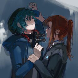  1boy 1girl alternate_costume alternate_universe aqua_eyes aqua_hair beanie black_jacket black_necktie black_shirt blue_jacket braid chidouin_sara closed_mouth collared_shirt detroit:_become_human empty_eyes english_text green_hat gun gun_to_head hair_between_eyes handgun hat headphones headphones_around_neck high_ponytail highres hiyori_sou holding holding_another&#039;s_wrist holding_gun holding_weapon holographic_interface jacket kimi_ga_shine light_frown looking_at_another necktie open_clothes open_jacket orange_hair parody parted_bangs parted_lips ponytail purple_eyes shirt short_hair side_part sidelocks single_sidelock straight_hair turtleneck weapon white_shirt yellowmao0509 