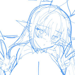  1girl animal_ears blush bow bowtie braid breasts cleavage crossed_bangs crown_braid double_v elf hair_ribbon large_breasts leotard long_hair monochrome ninoko original playboy_bunny pointy_ears rabbit_ears ribbon sketch sylpha_(ninoko) v white_background 