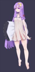  1girl alternate_costume arm_at_side barefoot blunt_bangs breasts carrying carrying_under_arm collarbone covered_erect_nipples crescent crescent_hair_ornament dress female_focus floating full_body hair_ornament hair_ribbon hiedanotsukai legs_apart long_hair medium_breasts nightgown no_headwear patchouli_knowledge pillow pleated_dress pointy_ears purple_eyes purple_hair red_ribbon ribbon see-through_clothes simple_background sleeveless sleeveless_dress solo strap_gap touhou tress_ribbon underwear very_long_hair 