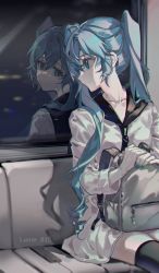  1girl aqua_eyes artist_name backpack bag black_sailor_collar black_thighhighs blue_eyes blue_hair blurry blurry_background collarbone crying different_reflection glass happy hatsune_miku highres long_hair long_sleeves looking_at_viewer looking_away lunar_(lunar_815) matching_hair/eyes minatsu_sorai nail_polish on_lap reflection sad sailor_collar school_uniform serafuku sitting smile solo subway tears thighhighs twintails twitter_username vocaloid white_serafuku window  rating:General score:8 user:Amololis