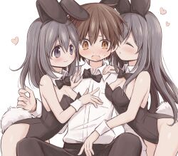  1boy 2girls absurdres animal_ear_hairband animal_ears bare_legs black_bow black_bowtie black_hair bow bowtie brown_eyes brown_hair collared_shirt detached_collar dress_shirt fake_animal_ears girl_sandwich grey_eyes hairband highres hitode leotard long_hair multiple_girls original playboy_bunny rabbit_ears rabbit_tail sandwiched shirt short_hair strapless strapless_leotard tail white_shirt wrist_cuffs 