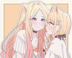  2girls animal_ears black_bow black_choker blonde_hair blush bow cat_ears cat_girl choker closed_mouth fang fujita_kotone gakuen_idolmaster hair_bow highres idolmaster juo_sena kemonomimi_mode kousaka_0v0 long_hair looking_at_another multiple_girls orange_eyes parted_lips pink_hair purple_eyes shirt short_sleeves skin_fang smile sweatdrop upper_body white_shirt yuri 