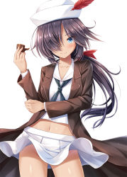 10s 1girl akashio_(loli_ace) black_hair blue_eyes coat collarbone commentary_request female_focus girls_und_panzer groin hair_over_one_eye hair_ribbon hat highres holding long_hair looking_at_viewer low_ponytail navel no_panties ogin_(girls_und_panzer) ooarai_naval_school_uniform pleated_skirt ponytail ribbon school_uniform serafuku simple_background skirt smile smoking_pipe solo white_skirt wind rating:Sensitive score:9 user:danbooru