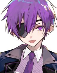  1boy :d bishounen black_jacket close-up collar collared_shirt diagonal-striped_clothes diagonal-striped_shirt dot_nose double-parted_bangs eyepatch hair_between_eyes highres jacket lapels light_smile looking_ahead male_focus necktie open_clothes open_jacket open_mouth osr_00_osr piece_a_part portrait purple_eyes purple_hair purple_necktie purple_shirt purple_theme shirt short_hair sidelighting simple_background smile solo striped_clothes tsurime white_background white_collar wing_collar yoshizuki_meguru 