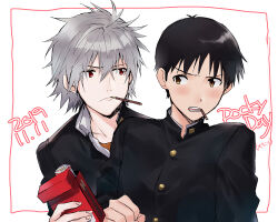  11kkr 2boys black_hair blush brown_eyes food food_in_mouth gakuran grey_hair hair_between_eyes ikari_shinji imminent_pocky_kiss male_focus multiple_boys nagisa_kaworu neon_genesis_evangelion open_mouth orange_shirt pale_skin pocky pocky_day pocky_in_mouth red_eyes school_uniform shirt short_hair simple_background upper_body white_background yaoi 