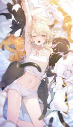  1girl absurdres animal animal_ear_fluff animal_ears animal_hands armpits arms_up black_cat blonde_hair blush breasts cat cat_day cat_ears cat_girl cat_tail fang highres looking_at_viewer lying medium_breasts myrpo navel open_mouth orange_cat original pawpads short_hair short_shorts shorts sleepy sleeveless tail thighs too_many too_many_cats 