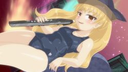  1girl alternate_costume bare_shoulders black_hat black_one-piece_swimsuit blonde_hair blush breasts brown_eyes collarbone commentary_request covered_navel cowboy_shot door electric_wind_instrument energy fingernails gradient_background hair_between_eyes hat holding holding_instrument instrument long_hair looking_at_viewer matara_okina medium_breasts old_school_swimsuit one-piece_swimsuit open_mouth pink_background red_background school_swimsuit smile solo standing swimsuit throne touhou wavy_hair winn 
