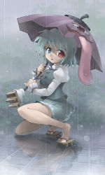 1girl aqua_eyes blue_eyes empty_eyes feet female_focus geta heterochromia highres karakasa_obake kurogarasu long_tongue no_bra panties pantyshot pantyshot_through_reflection rain reflection reflective_floor solo squatting tatara_kogasa toes tongue tongue_out touhou umbrella underwear upskirt white_panties rating:Sensitive score:9 user:danbooru