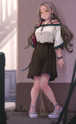 1girl against_wall alley bag bare_shoulders black_bra blurry blurry_foreground blush bra bra_strap breasts brown_hair brown_skirt clenched_teeth day drooling earrings embarrassed female_focus forehead full_body gradient_hair green_eyes hair_intakes half-closed_eyes heel_up high-waist_skirt highres jewelry knees_together_feet_apart kokomachi light_particles long_hair medium_breasts miniskirt multicolored_hair nail_polish necklace nose_blush off-shoulder_shirt off_shoulder original outdoors parted_bangs pee peeing peeing_self pink_nails plaid_clothes plaid_skirt puddle saliva shirt shoes short_sleeves shoulder_bag sidelocks skirt solo standing strap_slip sweat teeth underwear watch white_shirt white_shoes wristwatch rating:Questionable score:230 user:AngryZapdos