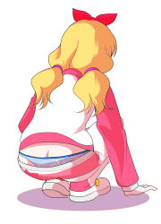 1girl aikatsu! aikatsu!_(series) ass back blonde_hair blue_panties bow butt_crack character_name character_print female_focus from_behind hair_bow hair_ornament highres hoshimiya_ichigo ichiko_(ichi) jacket kiriya_aoi long_hair low_twintails panties pants panty_peek pantyslip print_panties shoes simple_background solo squatting track_jacket track_pants track_suit twintails underwear whale_tail_(clothing) white_background rating:Questionable score:39 user:danbooru