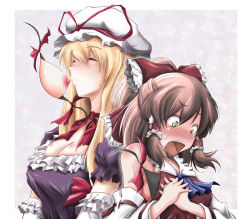 2girls ao_usagi blonde_hair blush bow breast_sucking breasts brown_hair detached_sleeves elbow_gloves female_focus gap_(touhou) gloves hair_bow hakurei_reimu hat large_breasts long_hair multiple_girls nipples no_bra open_mouth portal_(object) power_perversion short_hair surprised sweat sweatdrop touhou yakumo_yukari yellow_eyes yuri rating:Explicit score:100 user:danbooru