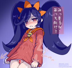  1girl ashley_(warioware) black_hair blush censored clenched_teeth clothes_pull covered_erect_nipples covered_navel dress dress_pull embarrassed fast-r female_focus gradient_background hairband heart heart_censor loli long_hair long_sleeves looking_at_viewer nintendo no_panties orange_hairband parted_lips pussy red_dress red_eyes solo standing sweat teeth translation_request twintails warioware 