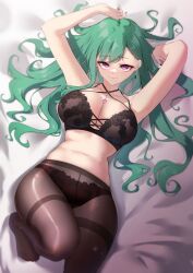 1girl absurdres armpits arms_up black_bra black_nails black_panties bra breasts brown_pantyhose criss-cross_halter crotch_seam earrings exia-eku1025 floral_print from_above gem green_hair grey_hair hair_behind_ear halterneck highres jewelry large_breasts looking_at_viewer lying multi-strapped_bra navel on_back panties pantyhose pink_gemstone print_bra purple_eyes rose_print seductive_smile single_earring smile solo thighband_pantyhose underwear underwear_only virtual_youtuber vspo! yakumo_beni rating:Sensitive score:15 user:danbooru