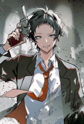  1boy adachi_tooru black_hair black_jacket grin highres jacket looking_at_viewer male_focus necktie open_clothes open_jacket persona persona_4 red_necktie shirt short_hair signature smile solo teeth upper_teeth_only white_shirt zeka_(skzk_cm) 