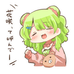  1girl :d blush_stickers camisole chibi closed_eyes cropped_torso double_bun green_camisole green_hair hair_bun jacket long_sleeves lowres morinaka_kazaki morinaka_kazaki_(2nd_costume) nijisanji off_shoulder open_clothes open_jacket open_mouth pink_jacket polka_dot_camisole puffy_long_sleeves puffy_sleeves rebecca_(keinelove) simple_background sleeves_past_wrists smile solo stuffed_animal stuffed_toy teddy_bear translation_request upper_body virtual_youtuber white_background 