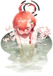  absurdres ahoge bare_shoulders bathing black_halo blue_archive blush braid breasts cherry_blossoms embarrassed fang flower flower_on_head hair_between_eyes halo highres mole mole_under_eye naked_towel neru_(blue_archive) nose_blush onsen open_mouth red_eyes red_hair sb_(dlwnsrl1783) short_hair single_braid skin_fang small_breasts solo towel white_background  rating:Sensitive score:14 user:danbooru