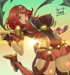  1girl breasts covered_erect_nipples earrings gradient_background highres impossible_clothes jewelry large_breasts pyra_(xenoblade) red_eyes red_hair red_shorts short_hair shorts simple_background solo star_(symbol) star_earrings thighhighs thighs tiara tomo_eokaiteru xenoblade_chronicles_(series) xenoblade_chronicles_2 