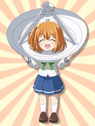  1girl absurdres blue_sailor_collar blush chibi closed_eyes dot_nose female_focus full_body hair_between_eyes hair_ornament highres holding koisuru_asteroid konohata_mira long_sleeves nanog_eb1994 open_mouth orange_hair sailor_collar satellite_dish school_uniform serafuku shirt shoes skirt socks solo standing star_(symbol) star_hair_ornament teeth white_shirt white_socks winter_uniform 