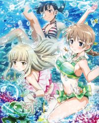  3girls absurdres alternate_costume artist_request bikini black_hair blonde_hair blue_eyes blush braid breasts brown_eyes brown_hair eyepatch fish highres large_breasts long_hair looking_at_viewer lynette_bishop medium_breasts multiple_girls no_eyewear ocean official_alternate_costume official_art perrine_h._clostermann sakamoto_mio single_braid small_breasts smile strike_witches swimsuit underwater world_witches_series yellow_eyes 