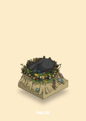absurdres animal boulder commentary_request diorama gozz highres horns isometric leaf log nest no_humans original plant sleeping yellow_background rating:General score:1 user:danbooru
