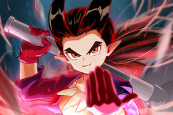  1boy antenna_hair aura black_hair blurry bone_necklace come_at_me_bro commentary_request depth_of_field double_fake dragon_quest dragon_quest_builders_2 floating_clothes floating_hair gloves hammer holding holding_hammer holding_weapon jewelry looking_at_viewer low_ponytail male_focus necklace open_clothes open_shirt pointy_ears ponytail purple_shirt red_eyes red_gloves shirt sidoh_(dqb2) smile solo spiked_hair tooth_necklace upper_body weapon 