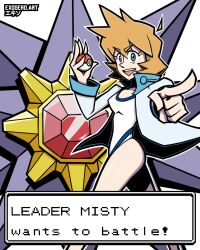  1girl :d breasts competition_swimsuit english_text exogero gen_1_pokemon green_eyes gym_leader highres holding holding_poke_ball jacket long_sleeves looking_at_viewer medium_breasts misty_(pokemon) nintendo one-piece_swimsuit open_clothes open_jacket open_mouth orange_hair pointing pointing_at_viewer poke_ball poke_ball_(basic) pokemon pokemon_gsc pokemon_hgss short_hair smile solo starmie swimsuit teeth thighs upper_teeth_only white_one-piece_swimsuit 
