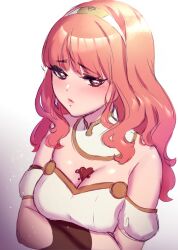  1girl armor arms_under_breasts bare_shoulders black_gloves blush breastplate breasts candy celica_(fire_emblem) chocolate chocolate_heart choker cleavage crossed_arms dress earrings embarrassed fire_emblem fire_emblem_echoes:_shadows_of_valentia food frown gloves happy_valentine heart heart-shaped_food highres jewelry lialiar lips long_hair medium_breasts melting nintendo princess red_eyes red_hair tiara white_armor white_dress 