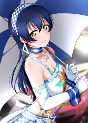 1girl absurdres bare_shoulders blue_choker blue_hair blurry blurry_background breasts choker closed_mouth collarbone commentary_request earrings elbow_gloves gloves hair_between_eyes highres holding holding_umbrella jewelry long_hair looking_at_viewer love_live! love_live!_school_idol_festival love_live!_school_idol_festival_after_school_activity love_live!_school_idol_project medium_breasts midriff navel noochan_chonoda race_queen sidelocks smile solo sonoda_umi star_(symbol) triangle_earrings umbrella upper_body white_gloves wrist_cuffs yellow_eyes