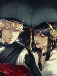  1boy 1girl bare_shoulders black_bow black_bowtie black_choker black_gloves black_hair black_umbrella black_vest blonde_hair blue_eyes blurry blurry_background bouquet bow bowtie choker closed_mouth collarbone collared_shirt commentary dress earrings elbow_gloves english_commentary flower fur-trimmed_dress fur_trim gloves gold_earrings gold_hairband hairband henoopd highres holding holding_bouquet holding_umbrella jewelry lips looking_to_the_side outdoors parted_lips photo-referenced portrait rain red_eyes red_flower red_lips red_rose rose shirt short_hair sidelocks smile spy_x_family tsurime twilight_(spy_x_family) umbrella vest white_fur white_shirt yor_briar 