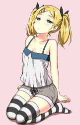 10s 1girl arm_support bare_shoulders black_eyes blonde_hair blush breasts camisole cleavage feet female_focus full_body hair_ornament hair_ribbon hairclip half-closed_eyes highres long_hair looking_at_viewer mole mole_under_eye pink_background ribbon seiza shirobako shorts sitting sky-freedom small_breasts soles solo striped_clothes striped_thighhighs thighhighs thighs twintails yano_erika rating:Sensitive score:108 user:danbooru