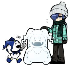  2boys beanie building_snowman character_snowman coat hat jack_frost_(megami_tensei) jjjjtaaaku male_focus mittens multiple_boys persona persona_3 scarf shin_megami_tensei snow snowman winter winter_clothes winter_coat yuuki_makoto_(persona_3) 