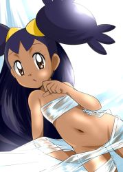  1girl brown_eyes creatures_(company) dark-skinned_female dark_skin female_focus game_freak hainchu iris_(pokemon) long_hair looking_at_viewer lying midriff naked_ribbon navel nintendo no_pussy pokemon pokemon_bw purple_hair ribbon solo transparent_ribbon  rating:Questionable score:68 user:makutakraahkan