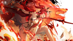  1girl absurdres armlet armor bare_shoulders bodysuit boots breastplate breasts chinese_commentary collar commentary_request copyright_notice earrings fire hair_between_eyes hairband headgear highres holding holding_polearm holding_weapon jewelry logo long_hair looking_ahead lupa_(wuthering_waves) medium_breasts metal_collar metal_hairband official_art open_mouth polearm red_hair smile solo tail teeth thigh_boots upper_teeth_only weapon white_bodysuit white_boots wolf wolf_tail wrist_guards wuthering_waves yellow_eyes  rating:Sensitive score:0 user:danbooru
